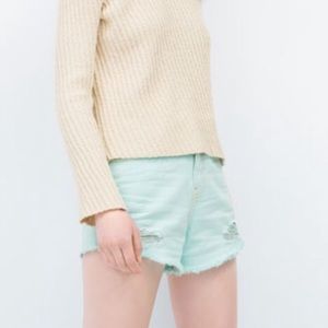 Zara Mint-Light Green High-Waist Denim Mom Shorts